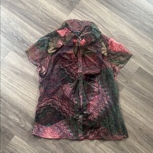 Etcetera Vibrant Silk Blouse 12 Sheer Button Down Ruffle Design Women’s Top